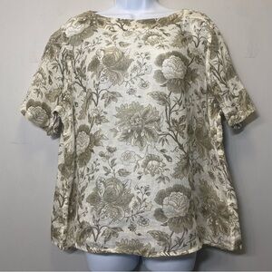Flax 100% Linen Boxy Floral Top Size M White Brown Neutral Beachy Lagenlook